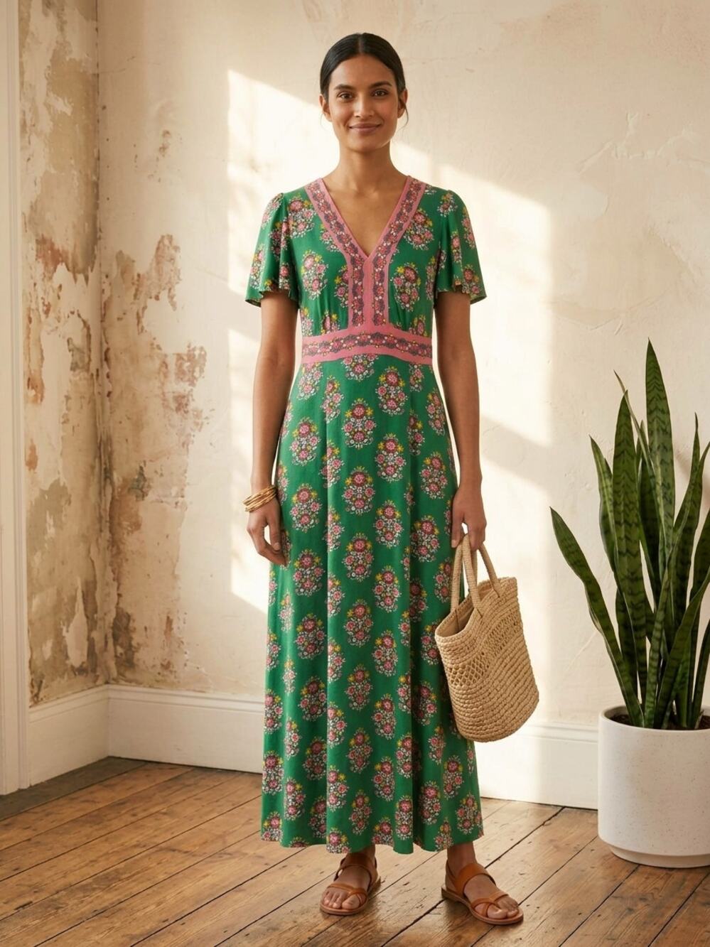 Boden Green Floral Ellie Flutter Maxi Tea Dress Size 0 SM Boho Cottagecore